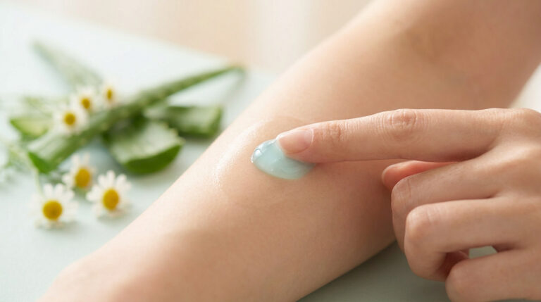 Une main applique un gel bleu pâle sur un avant-bras. En arrière-plan flou, des feuilles d'aloès et des fleurs de camomille.