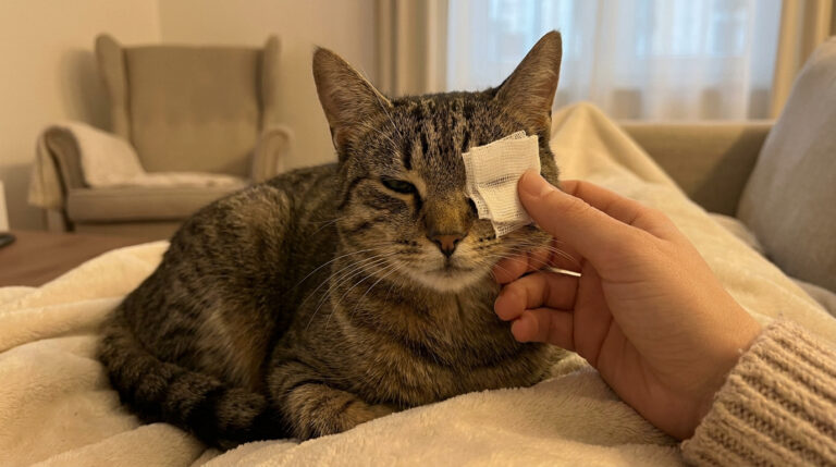 Un chat tigré avec un pansement sur l'œil gauche, tenu par une main humaine, reçoit un traitement pour un ulcère cornéen.