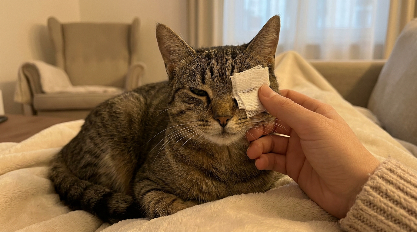 Un chat tigré avec un pansement sur l'œil gauche, tenu par une main humaine, reçoit un traitement pour un ulcère cornéen.