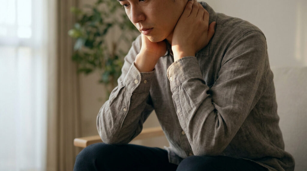 Gros plan sur un jeune homme tenant son cou des deux mains, l'air souffrant, évoquant une douleur cervicale.