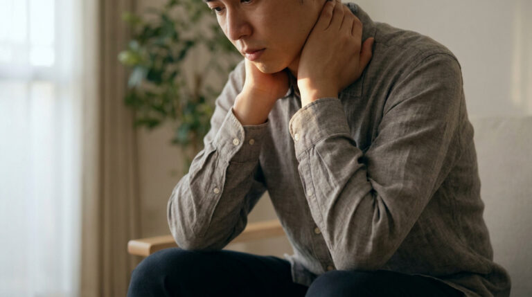 Gros plan sur un jeune homme tenant son cou des deux mains, l'air souffrant, évoquant une douleur cervicale.