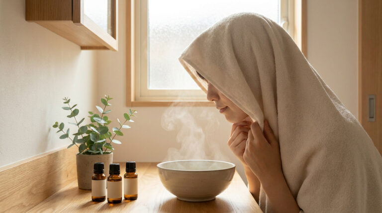 Une personne inhalant de la vapeur d'un bol, couverte d'une serviette. Des huiles essentielles et une plante à proximité.