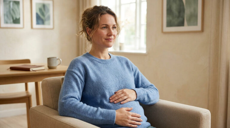 Portrait d'une femme enceinte souriante, les mains sur son ventre arrondi, vêtue d'un pull bleu, assise dans un fauteuil beige.