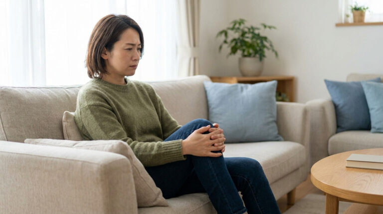 Femme assise sur un canapé, les mains sur son genou, l'air préoccupé. Elle semble souffrir d'une douleur articulaire.