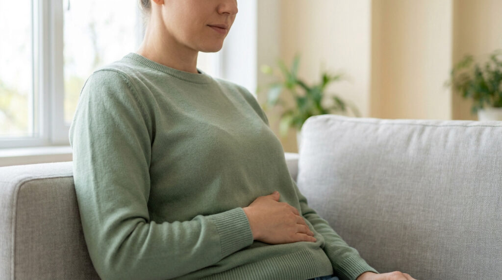 Une femme assise sur un canapé, portant un pull vert, se tient le ventre. Elle semble ressentir un inconfort digestif.