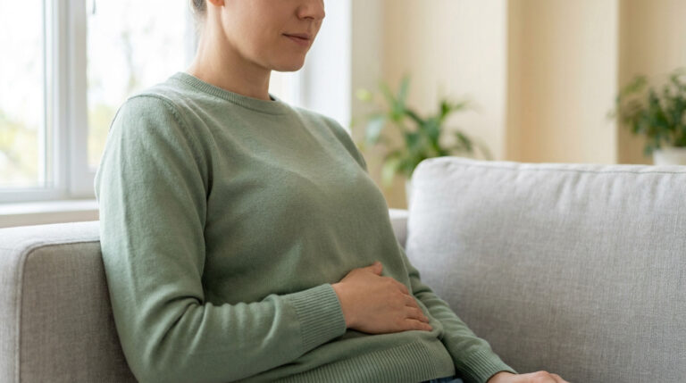 Une femme assise sur un canapé, portant un pull vert, se tient le ventre. Elle semble ressentir un inconfort digestif.