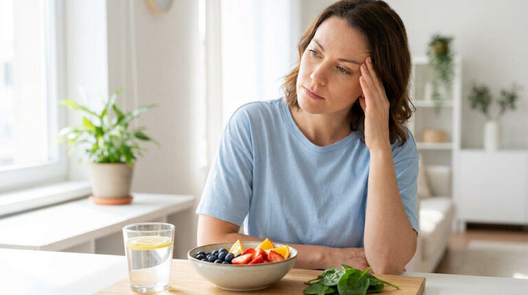 Femme pensive devant un bol de fruits, illustrant la fatigue liée à une éventuelle carence en vitamines.