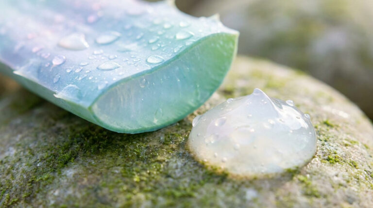 Une feuille d'aloe vera coupée et une goutte de gel translucide reposent sur une roche moussue, couvertes de gouttelettes d'eau.
