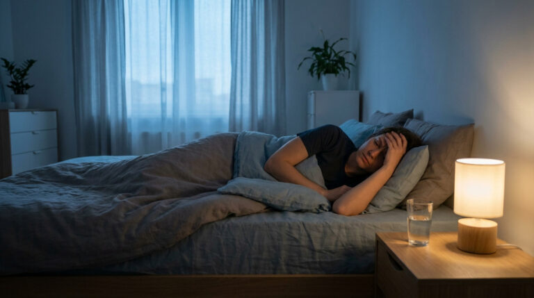 Personne allongée dans son lit, les yeux ouverts, une main sur le front, semblant souffrir d'insomnie. Lampe de chevet et verre d'eau.