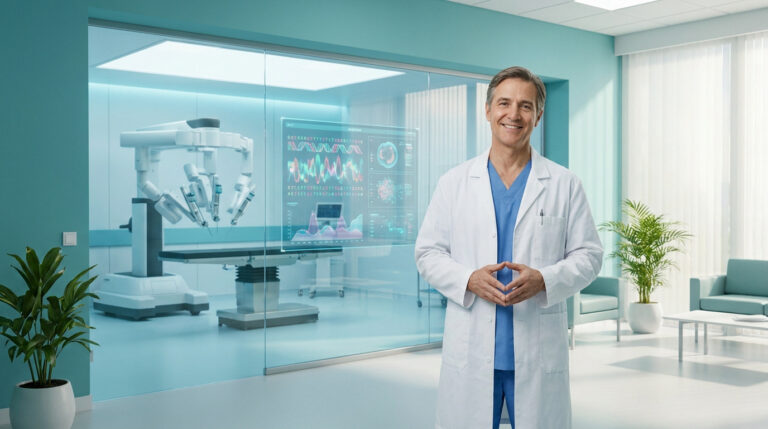 Médecin souriant en blouse blanche dans un centre médical moderne, avec robot chirurgical et analyses génomiques en arrière-plan.