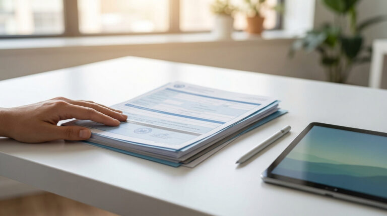 Une main posée sur une pile de documents administratifs sur un bureau blanc, avec une tablette et un stylo.