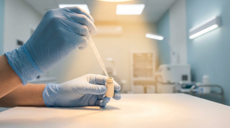 Mains gantées de bleu manipulant une pipette et un flacon dans un environnement médical lumineux et stérile.