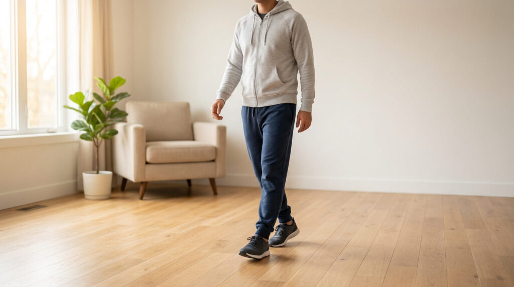 Homme en tenue décontractée marchant sur un parquet clair dans un intérieur moderne. Scène de rééducation après une opération du dos.