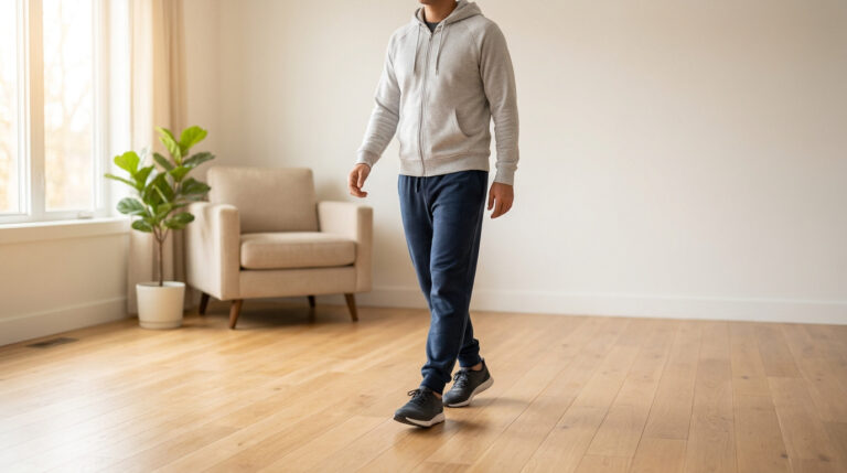 Homme en tenue décontractée marchant sur un parquet clair dans un intérieur moderne. Scène de rééducation après une opération du dos.