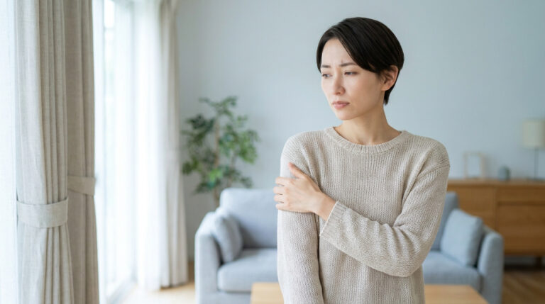 Femme japonaise avec expression soucieuse, tenant son bras droit. Intérieur moderne et lumineux, suggérant un malaise physique.