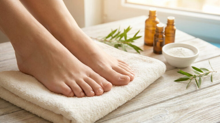Pieds sur une serviette blanche, avec flacons d'huiles essentielles, poudre et feuilles vertes pour des soins naturels.