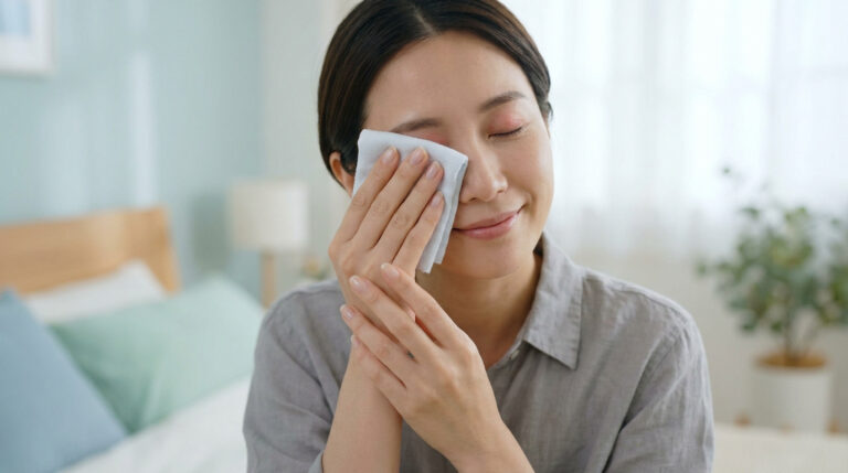 Femme asiatique souriante aux yeux fermés, appliquant une compresse douce sur son œil droit pour soulager une irritation dans une chambre.