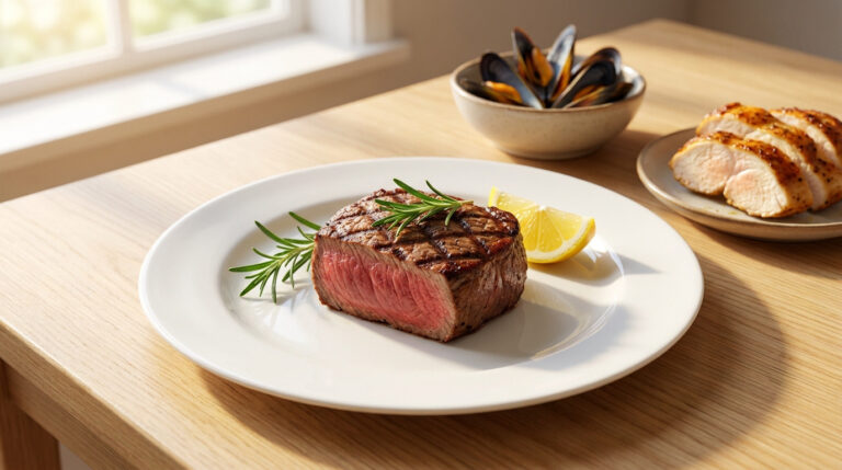 Assiette de steak saignant avec romarin et citron. En arrière-plan, moules et poulet tranché. Représente des sources de fer héminique.