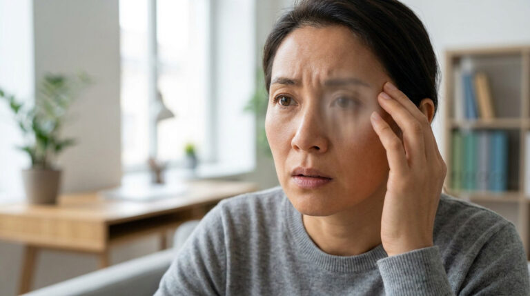 Femme avec une expression inquiète, tenant sa tempe, avec un flou blanc sur son œil droit symbolisant une vision altérée.