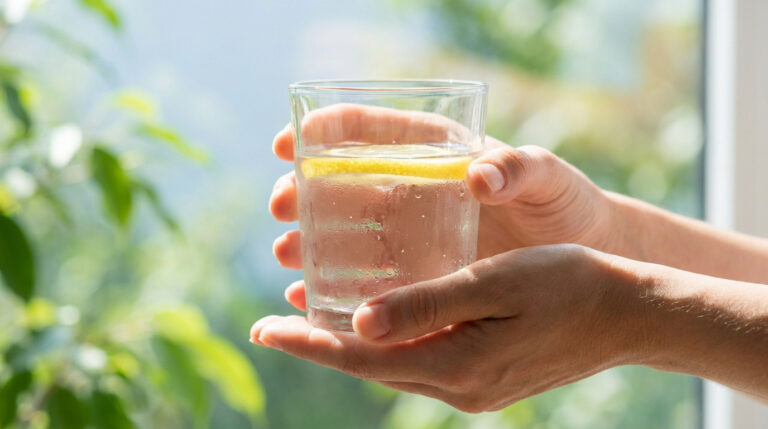 Deux mains tiennent un verre d'eau fraîche avec une tranche de citron. L'arrière-plan est une verdure floue près d'une fenêtre.
