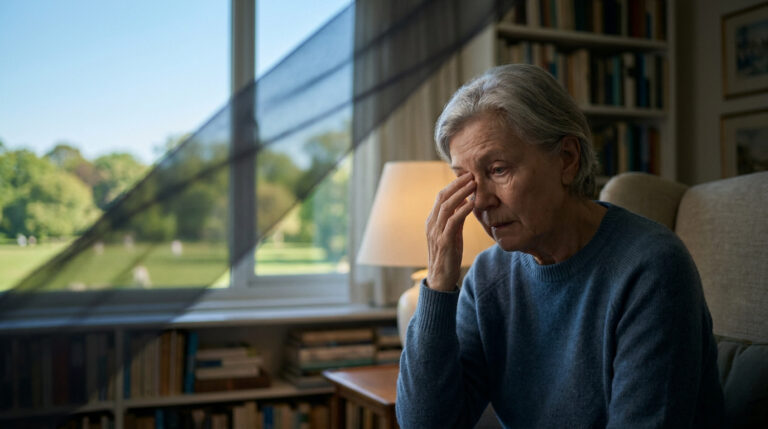 Femme âgée pensive, main sur l'œil droit, suggérant une gêne visuelle ou un symptôme d'amaurose transitoire. Lumière naturelle.
