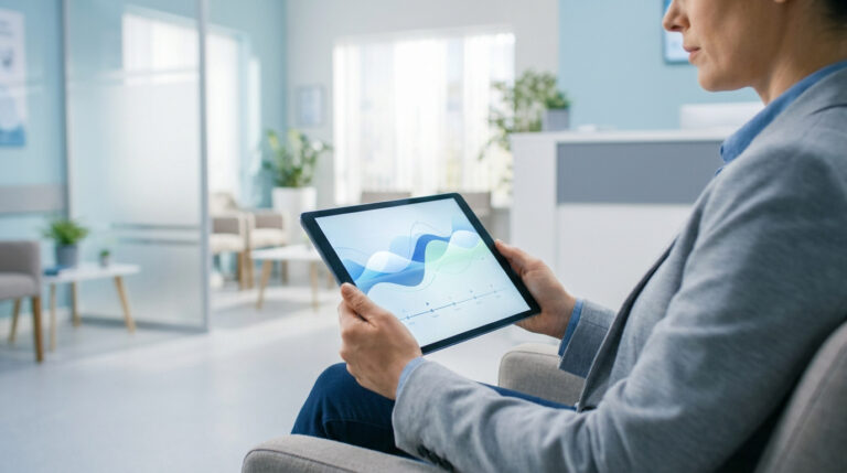 Une professionnelle de santé examine un graphique médical sur une tablette dans un cabinet médical lumineux.