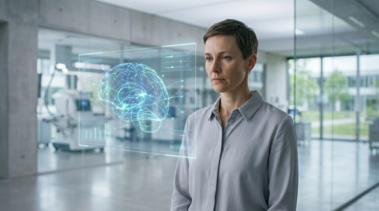 Une scientifique examine un hologramme 3D d'un cerveau humain dans un laboratoire médical moderne.