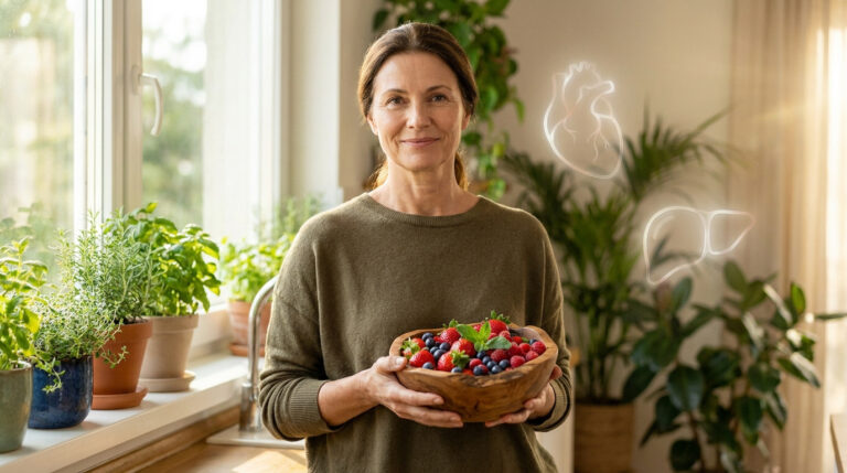 Femme souriante tenant un bol de fruits rouges frais dans une cuisine lumineuse avec des icônes de cœur et de foie.