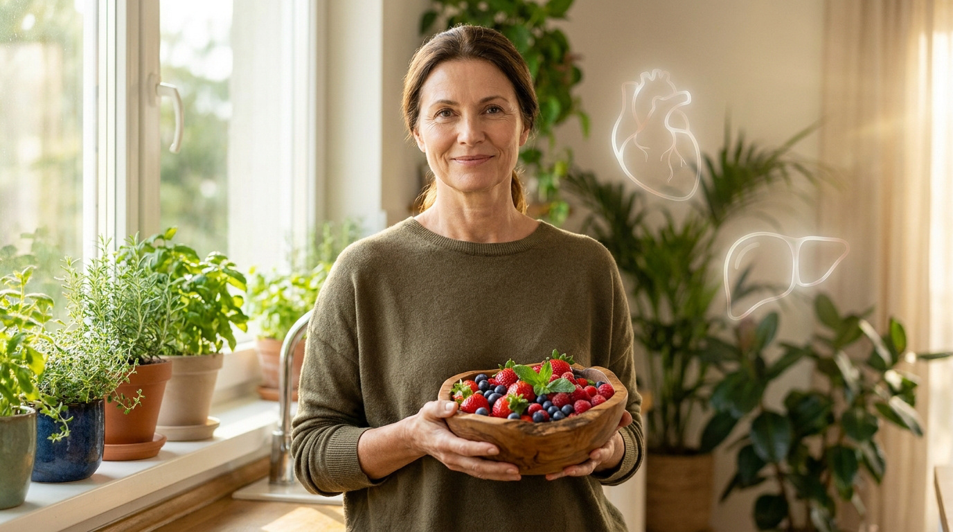 Femme souriante tenant un bol de fruits rouges frais dans une cuisine lumineuse avec des icônes de cœur et de foie.