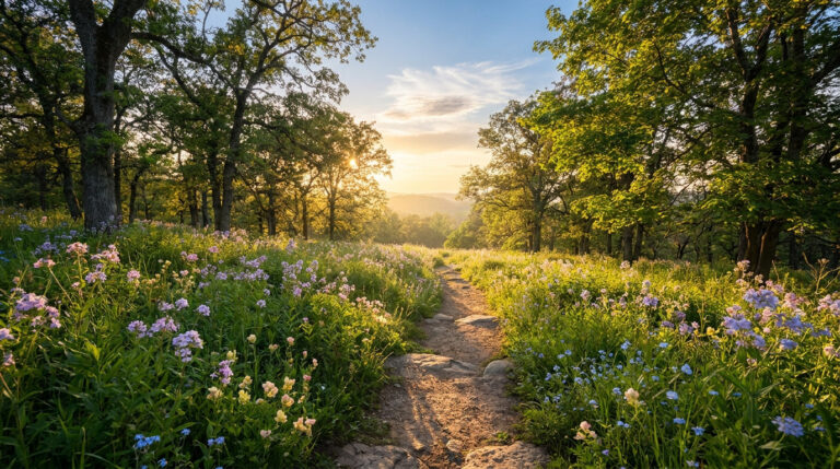 Un sentier de randonnée entouré de fleurs sauvages colorées sous une lumière dorée de fin de journée en forêt.