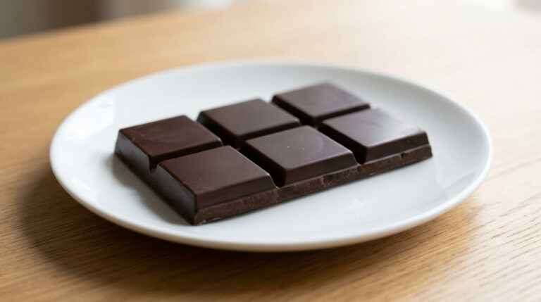 Une tablette de chocolat noir divisée en carrés posée sur une petite assiette blanche sur une table en bois.