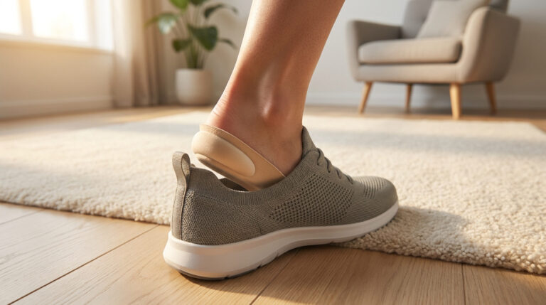 Pied avec une talonnette orthopédique insérée dans une basket, sur un sol en parquet.