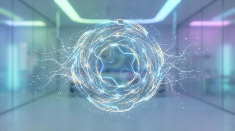 Représentation numérique abstraite d'un champ énergétique circulaire dans un couloir de laboratoire moderne.