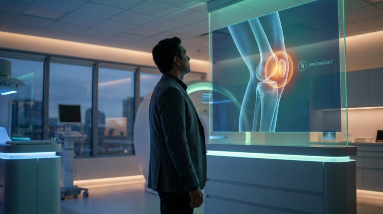 Un médecin observe un écran holographique affichant une radiographie du genou avec une zone hyperfixante en surbrillance.