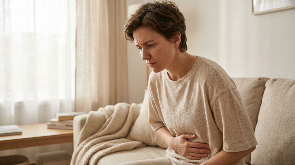 Une femme assise sur un canapé, tenant son ventre avec une expression de douleur et d'inconfort.