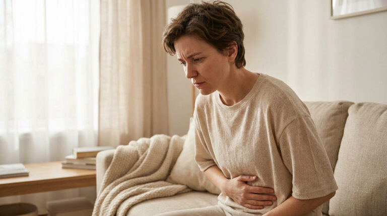 Une femme assise sur un canapé, tenant son ventre avec une expression de douleur et d'inconfort.