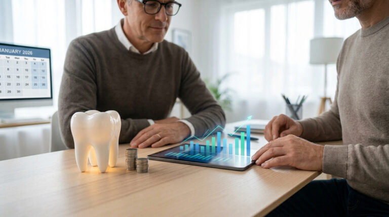 Homme consultant un graphique financier sur une tablette à côté d'une figurine de dent et de pièces de monnaie.