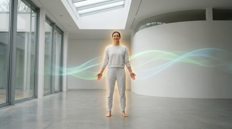 Une femme debout dans un espace minimaliste, entourée d'une aura lumineuse symbolisant l'équilibre et la sérénité.