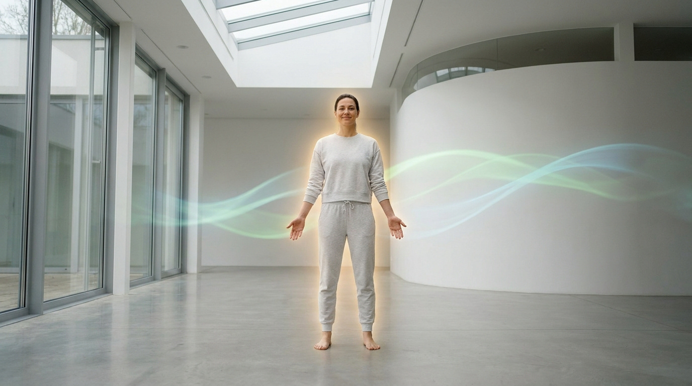 Une femme debout dans un espace minimaliste, entourée d'une aura lumineuse symbolisant l'équilibre et la sérénité.