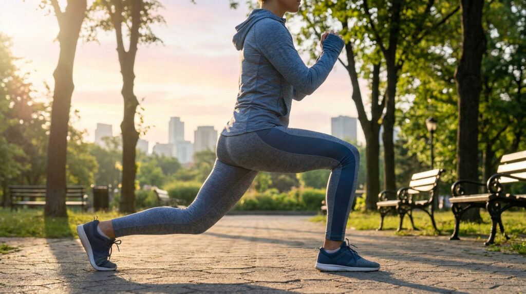 Une femme en tenue de sport effectuant des fentes dans un parc au coucher du soleil.