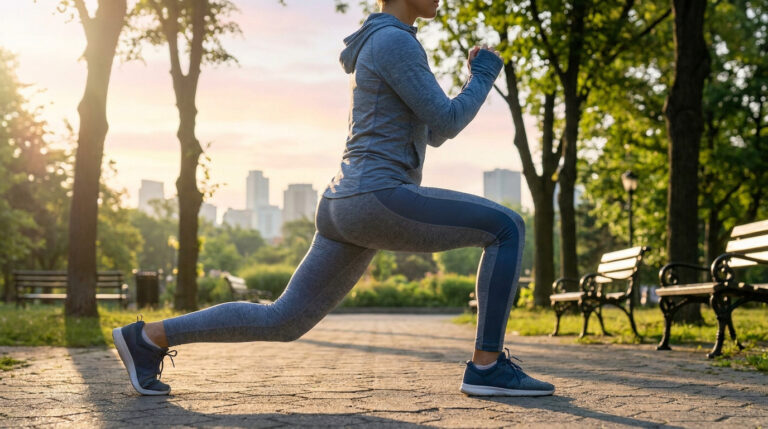 Une femme en tenue de sport effectuant des fentes dans un parc au coucher du soleil.