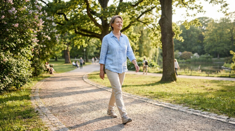 Une femme d'âge mûr marche avec assurance sur un chemin de parc ensoleillé, illustrant la mobilité retrouvée.