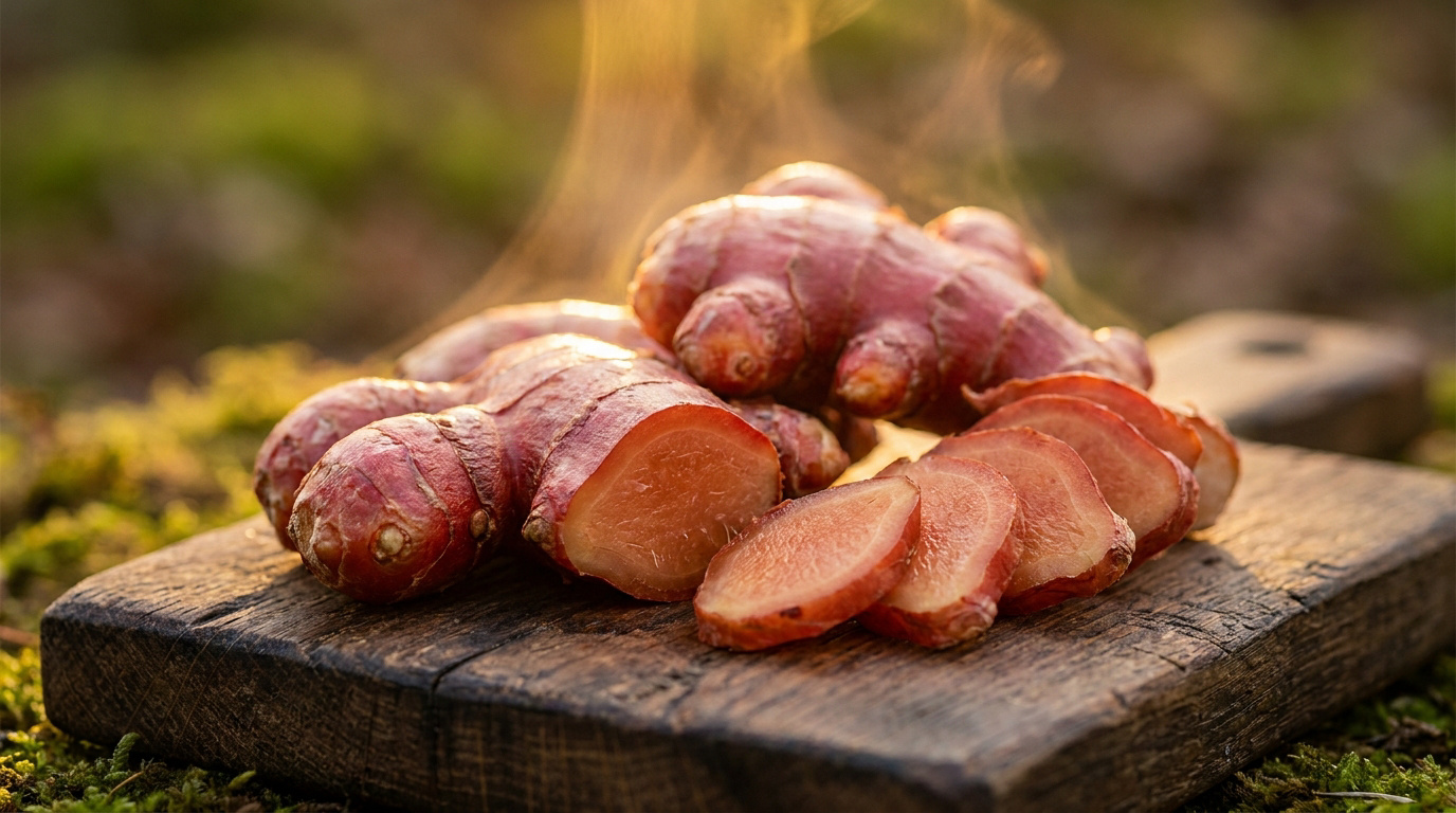 Racines de gingembre rouge fraîchement coupées sur une planche en bois avec de la vapeur, sur fond de mousse.