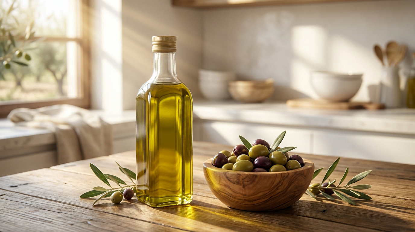 Une bouteille d'huile d'olive et un bol d'olives fraîches sur une table en bois dans une cuisine ensoleillée.