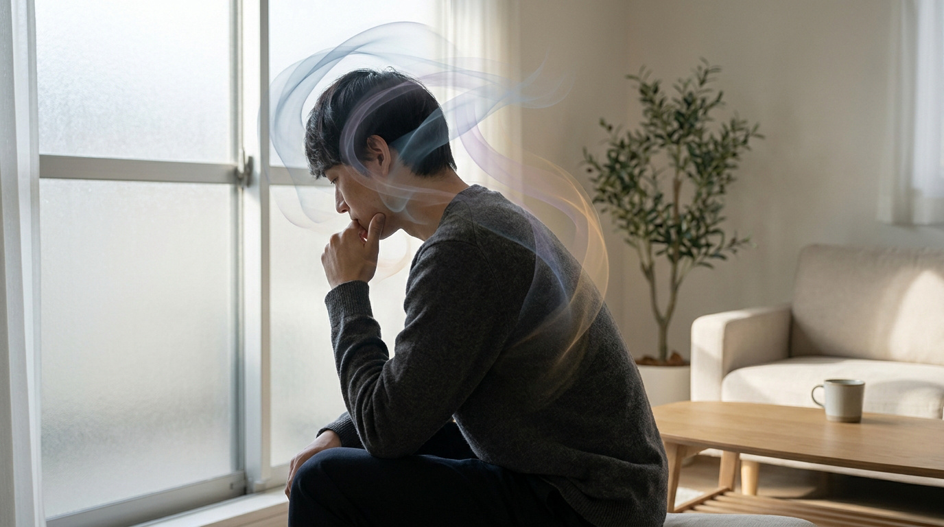 Un homme assis près d'une fenêtre, pensif, entouré de volutes de fumée colorées symbolisant la confusion mentale.