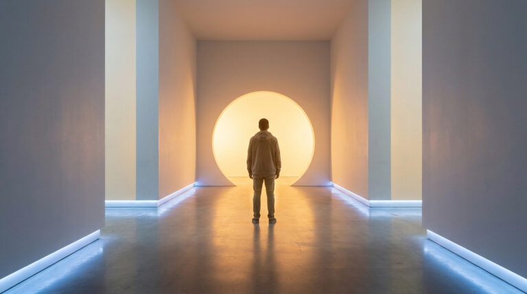 Une personne debout dans un couloir minimaliste face à une lumière circulaire éclatante, symbolisant l'espoir et le renouveau.