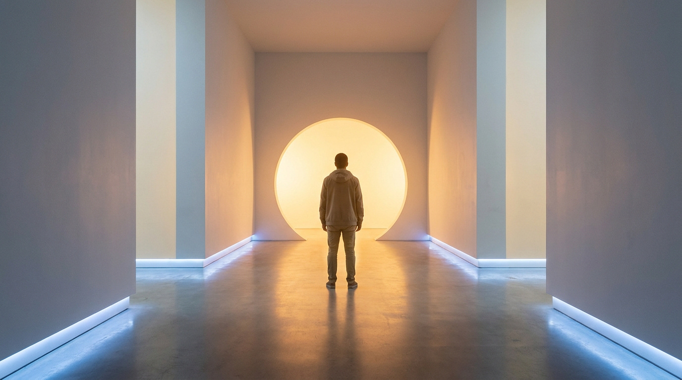 Une personne debout dans un couloir minimaliste face à une lumière circulaire éclatante, symbolisant l'espoir et le renouveau.