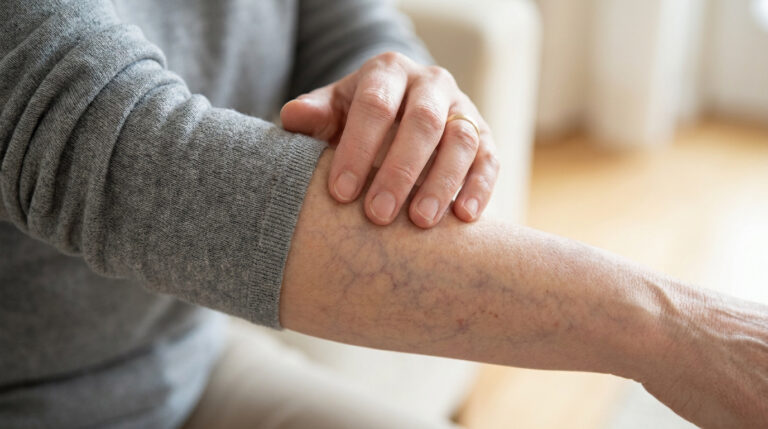 Gros plan sur un bras présentant des marbrures cutanées, une personne touchant sa peau.