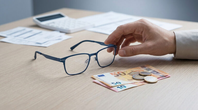 Une main posée près d'une paire de lunettes, de l'argent liquide, une calculatrice et des documents sur une table en bois.