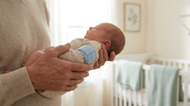 Un parent tient un nouveau-né endormi portant un brassard de tensiomètre bleu sur le bras.